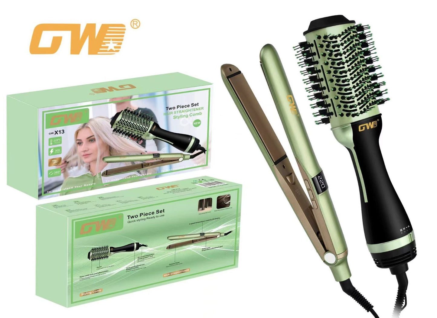 Set GW X13 - Piastra per Capelli e Spazzola Rotante per Styling