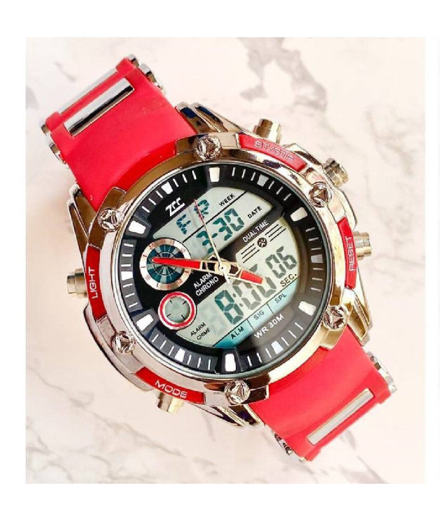 ZCC 1313 Orologio Uomo - Tecnologia Dual Time, Stile Sportivo e Funzionalità Intelligenti (rosso nero silver)