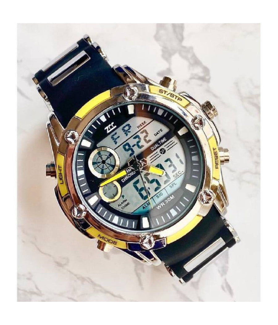 ZCC 1313 Orologio Uomo - Tecnologia Dual Time, Stile Sportivo e Funzionalità Intelligenti (giallo nero silver)