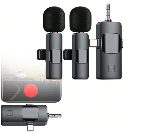 Microfono Lavalier Wireless 3 in 1 - Compatibile con iPhone, iPad, Android, Fotocamera, Riduzione del Rumore, Microfono per Vlog, TikTok, YouTube Live Stream