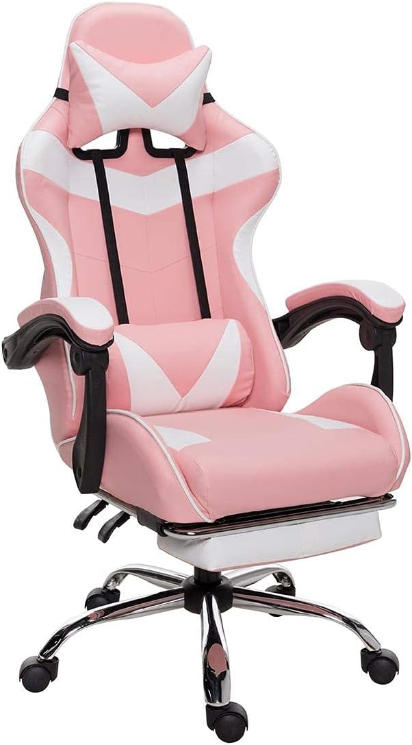Sedia Poltrona da Gaming Regolabile con Poggiapiedi, Poggiatesta e Cuscino Lombare (rosa - bianco)