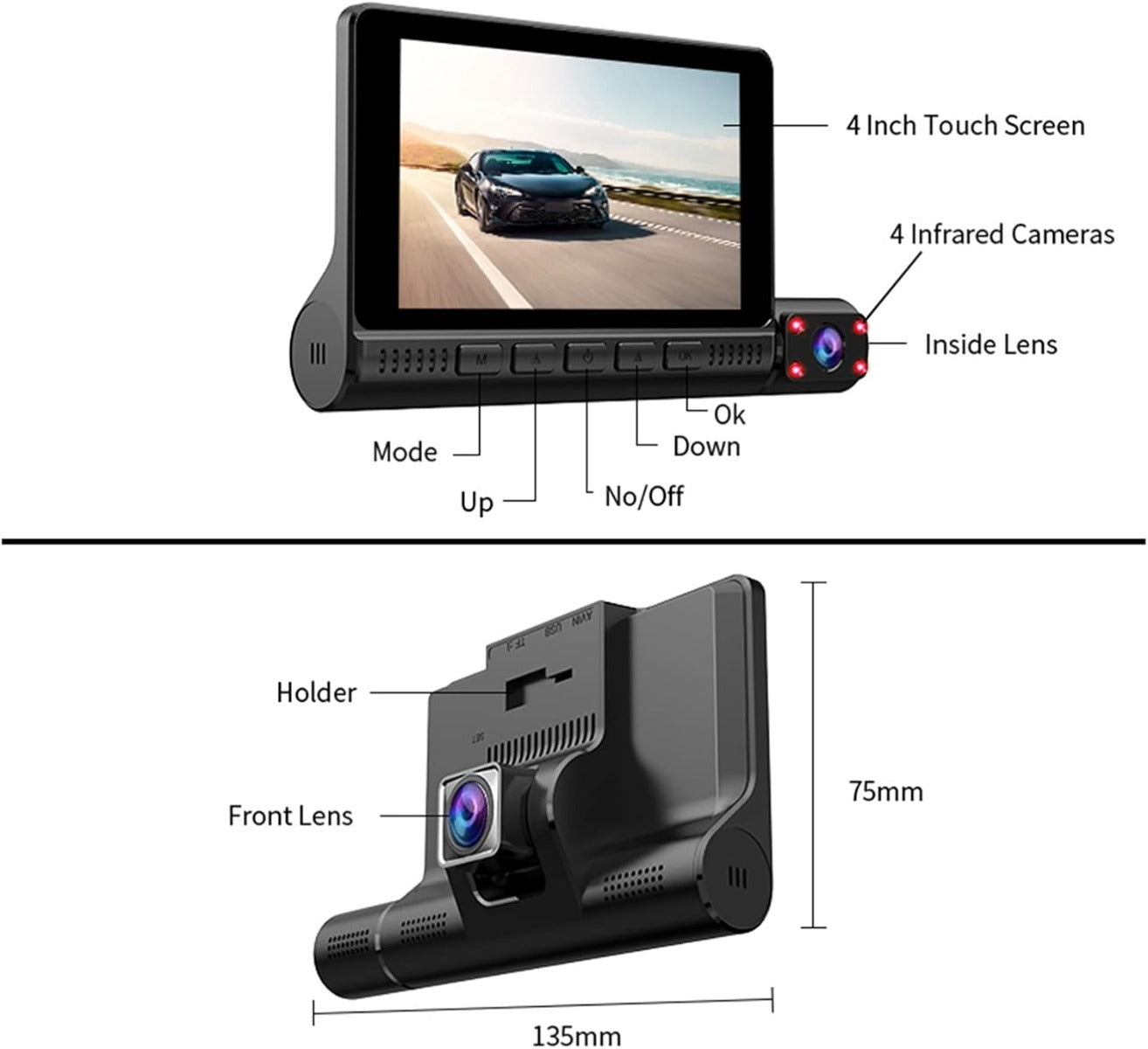Dash Cam a Specchio con 3 Telecamere, Monitor Touch Screen da 4,0 Pollici, Registratore Video 1080P