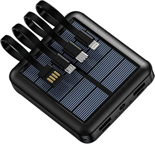Solar Power Bank - Mini Caricatore Solare con 4 Cavi Integrati e Torcia LED 12000 mAh