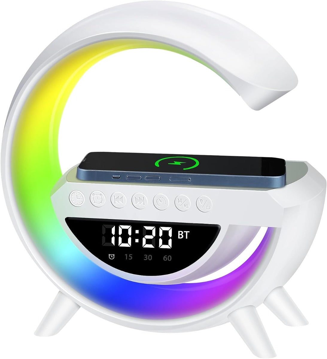 Altoparlante bluetooth luce led con orologio caricabatterie wireless audio lampada a forma di g