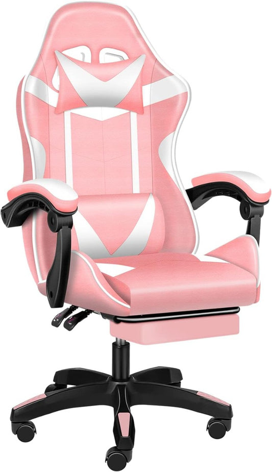 Sedia Poltrona da Gaming Regolabile con Poggiapiedi, Poggiatesta e Cuscino Lombare (rosa - bianco)
