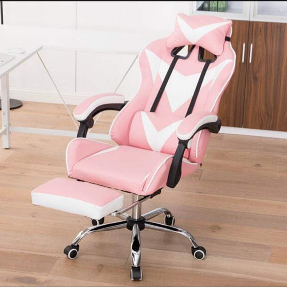 Sedia Poltrona da Gaming Regolabile con Poggiapiedi, Poggiatesta e Cuscino Lombare (rosa - bianco)