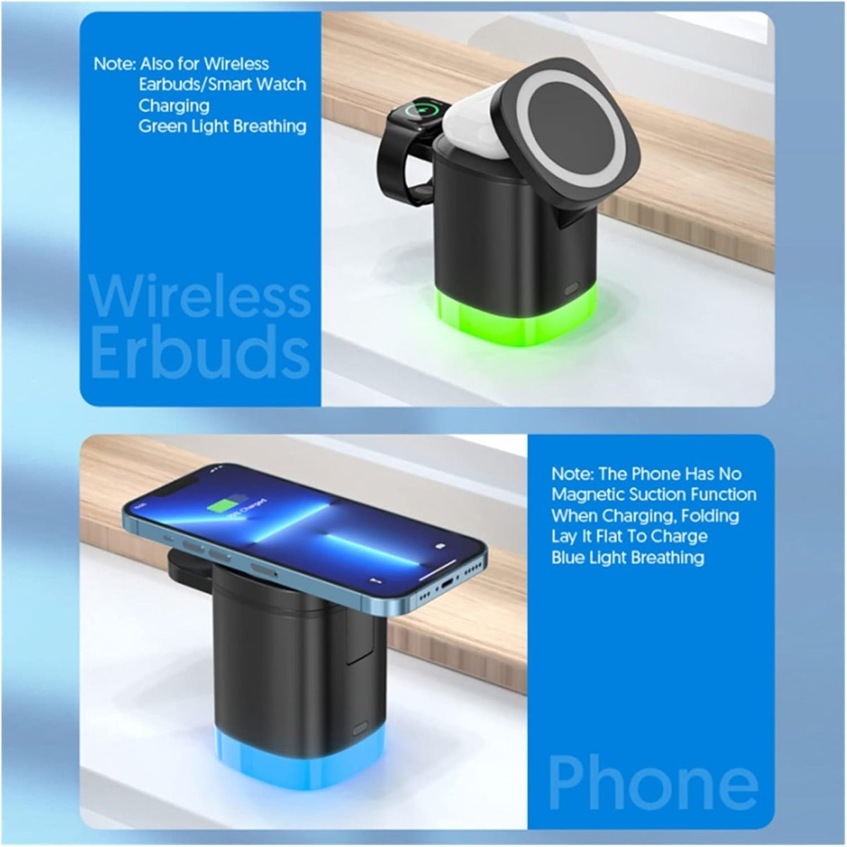Caricabatterie Wireless Magnetico 3 in 1 con Supporto, Docking Station con Luce a LED e Ricarica Rapida