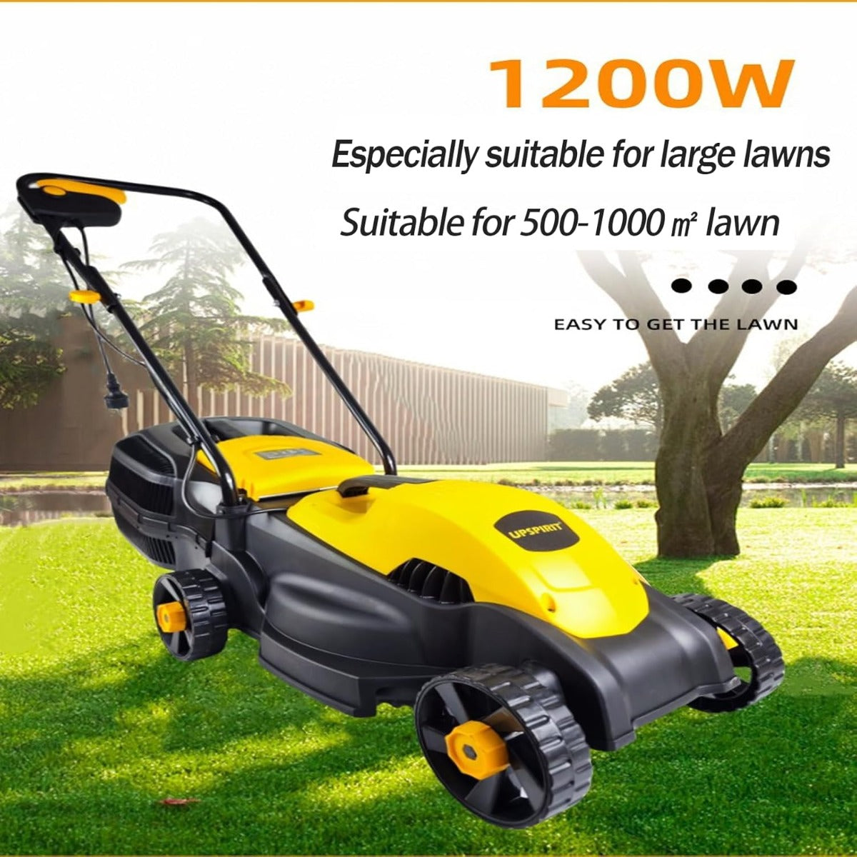 Tosaerba Elettrico 1.200 W con Larghezza di Taglio 32 cm, Altezza Regolabile, Cesto Erba 30 l, Pieghevole per Giardini Fino a 1.000 m²