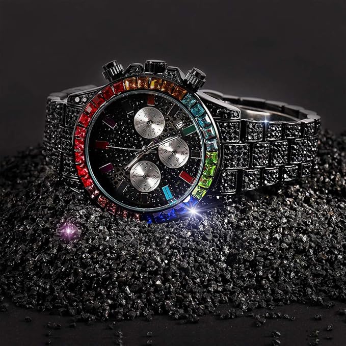 Orologio da Uomo al Quarzo Cronografo Hip Hop | Design Accattivante con Quadrante Rotondo e Diamanti Simulati (nero)