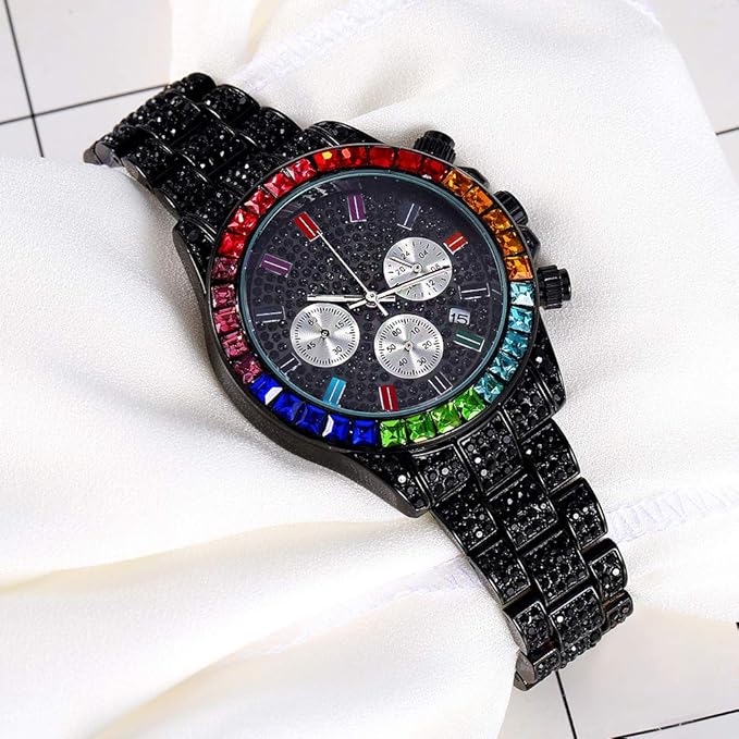 Orologio da Uomo al Quarzo Cronografo Hip Hop | Design Accattivante con Quadrante Rotondo e Diamanti Simulati (nero)