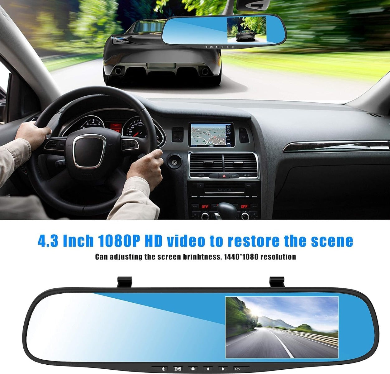 Specchietto Retrovisore Digitale con Display 4.3", Telecamera Frontale Full HD, Registrazione Video e Motion Detection