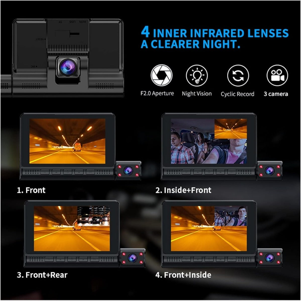 Dash Cam a Specchio con 3 Telecamere, Monitor Touch Screen da 4,0 Pollici, Registratore Video 1080P