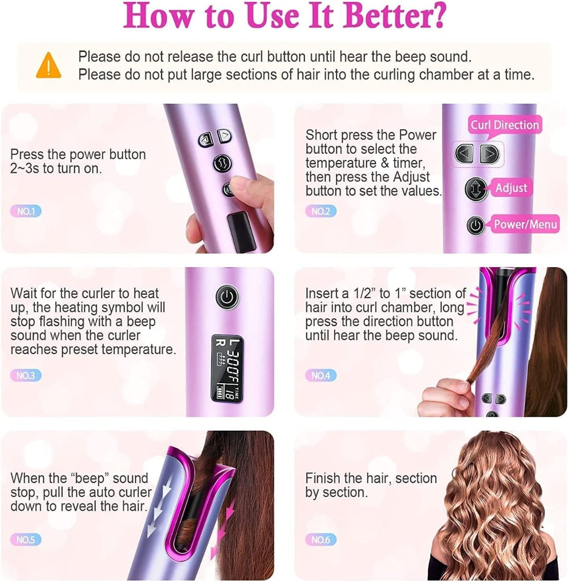 Arricciacapelli Automatico Senza Fili Ricaricabile Professionale Ferro arricciacapelli Styler Per Capelli Portatile Con LCD Display