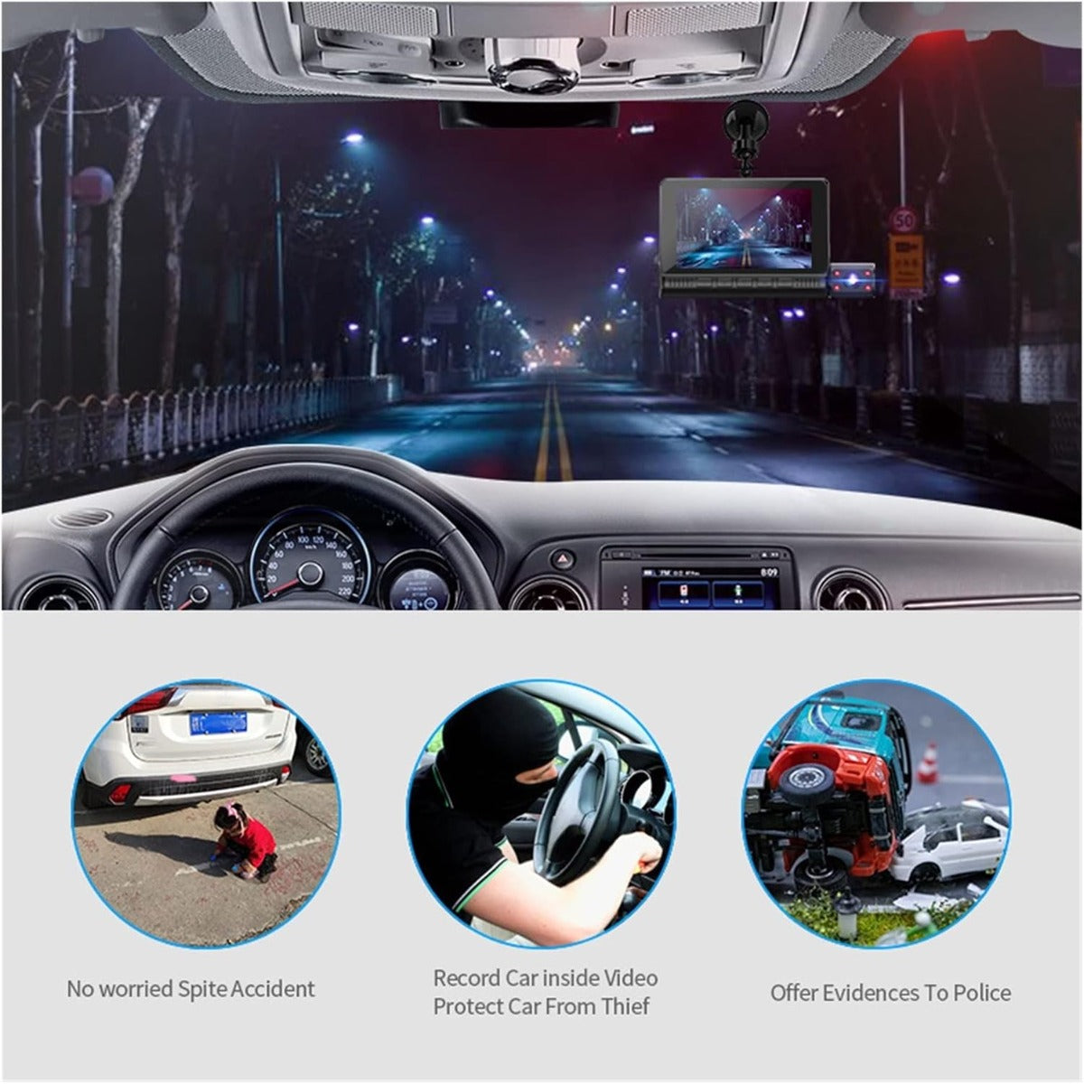 Dash Cam a Specchio con 3 Telecamere, Monitor Touch Screen da 4,0 Pollici, Registratore Video 1080P