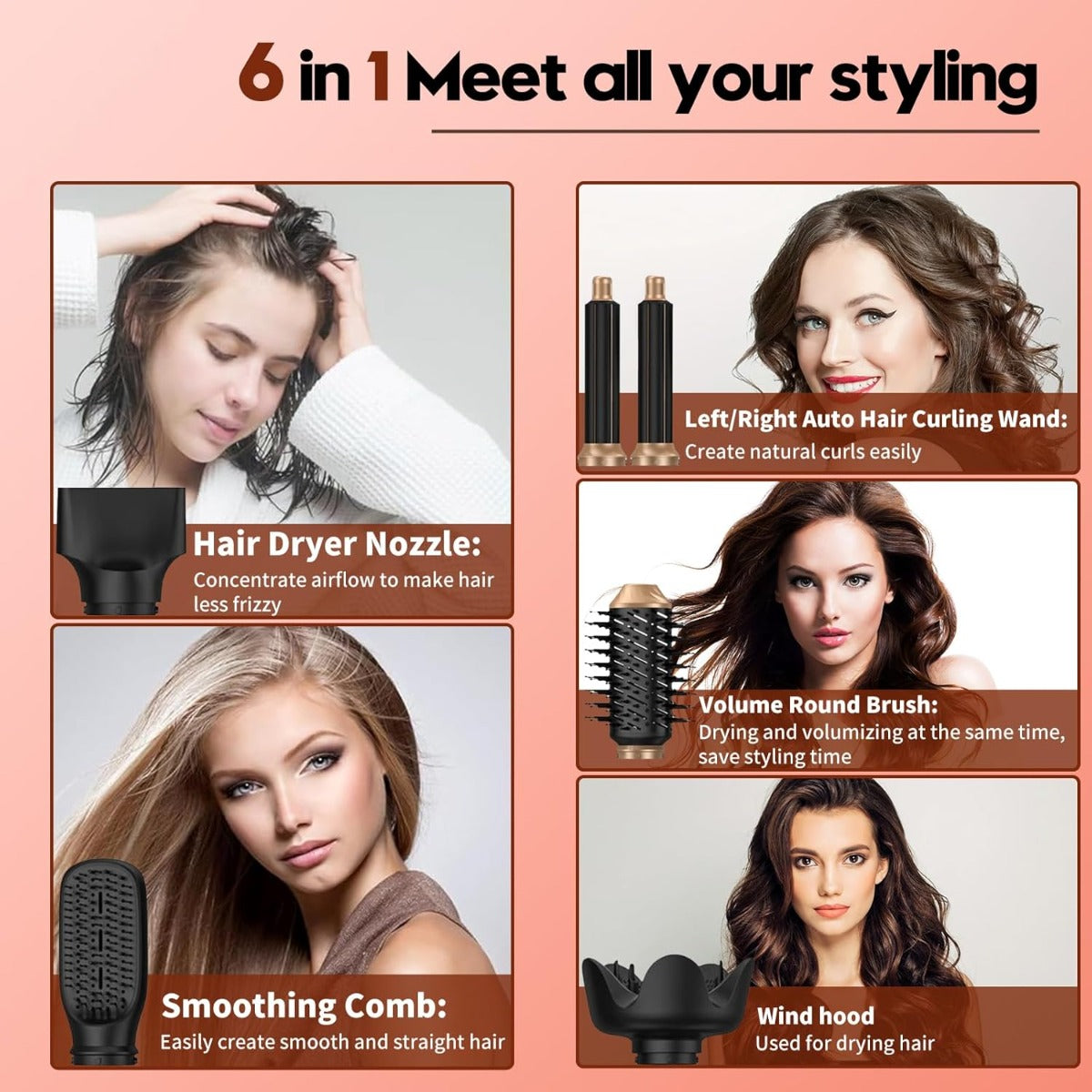 Set Asciugacapelli 6 in 1 con Spazzola ad Aria Calda e Accessori per Styling