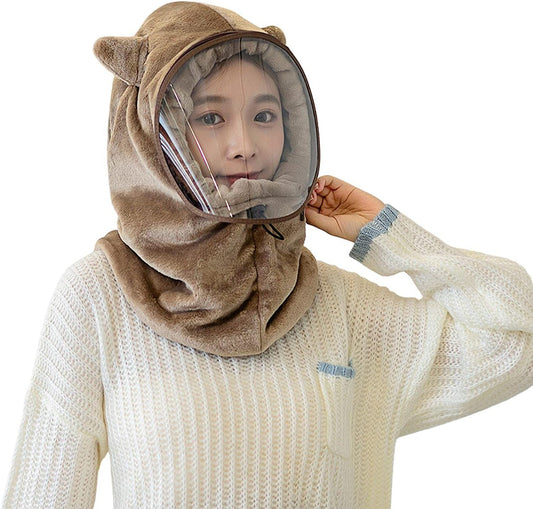 Cappello caldo invernale da ciclismo all'aperto con maschera trasparente cappuccio antivento in peluche con cappuccio