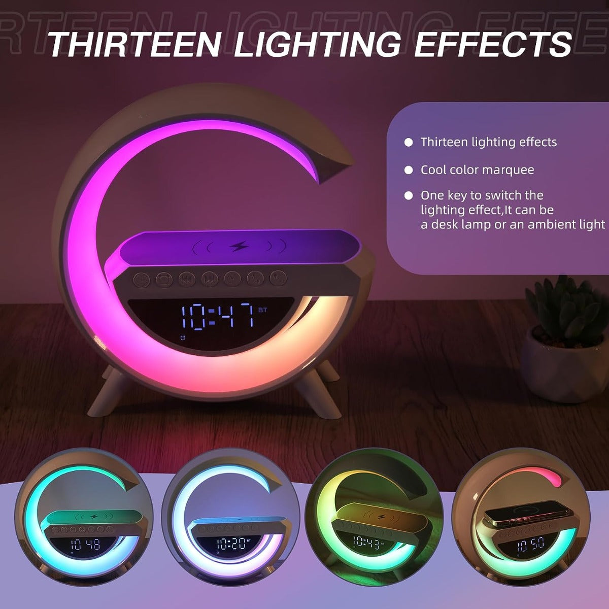 Altoparlante bluetooth luce led con orologio caricabatterie wireless audio lampada a forma di g