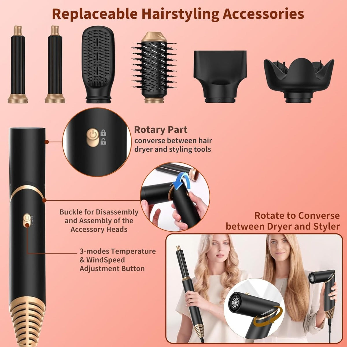 Set Asciugacapelli 6 in 1 con Spazzola ad Aria Calda e Accessori per Styling