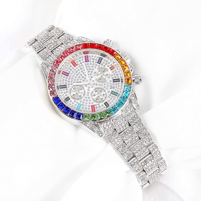 Orologio da Uomo al Quarzo Cronografo Hip Hop | Design Accattivante con Quadrante Rotondo e Diamanti Simulati (argento)