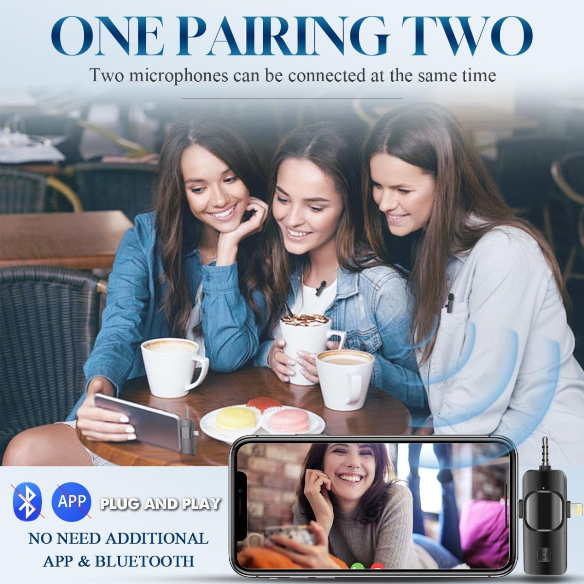 Microfono Lavalier Wireless 3 in 1 - Compatibile con iPhone, iPad, Android, Fotocamera, Riduzione del Rumore, Microfono per Vlog, TikTok, YouTube Live Stream