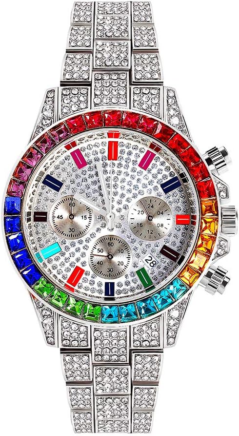 Orologio da Uomo al Quarzo Cronografo Hip Hop | Design Accattivante con Quadrante Rotondo e Diamanti Simulati (argento)