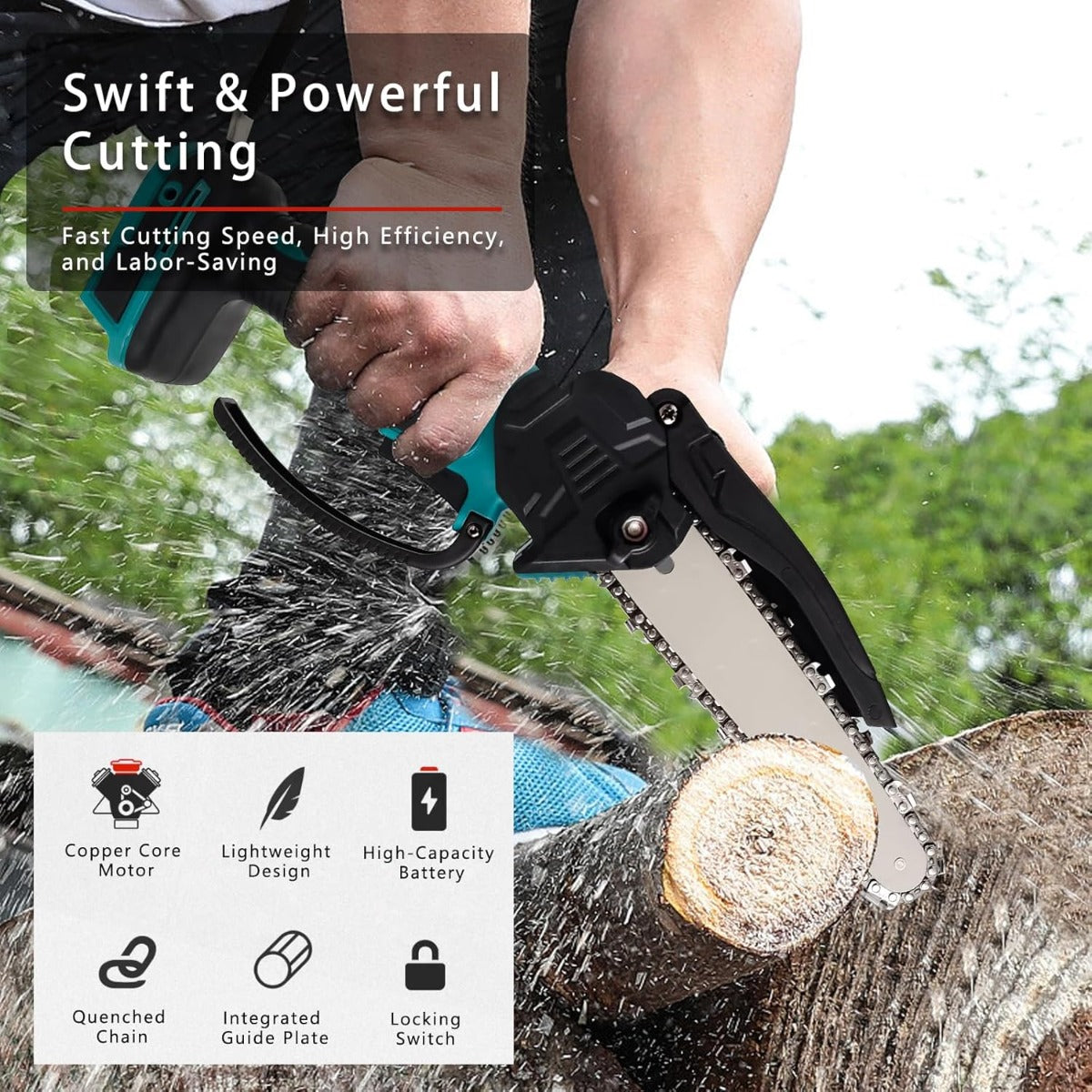 Mini Motosega – Sega a Catena Elettrica Portatile con 2 Batterie 88W e Barre Intercambiabili da 6 e 8 Pollici, Ideale per il Taglio del Legno, Potatura e Giardinaggio