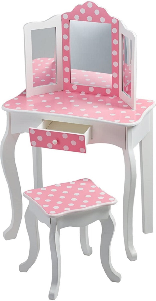Toeletta In Legno A Pois Con Specchio E Sgabello Per Bambini Rosa