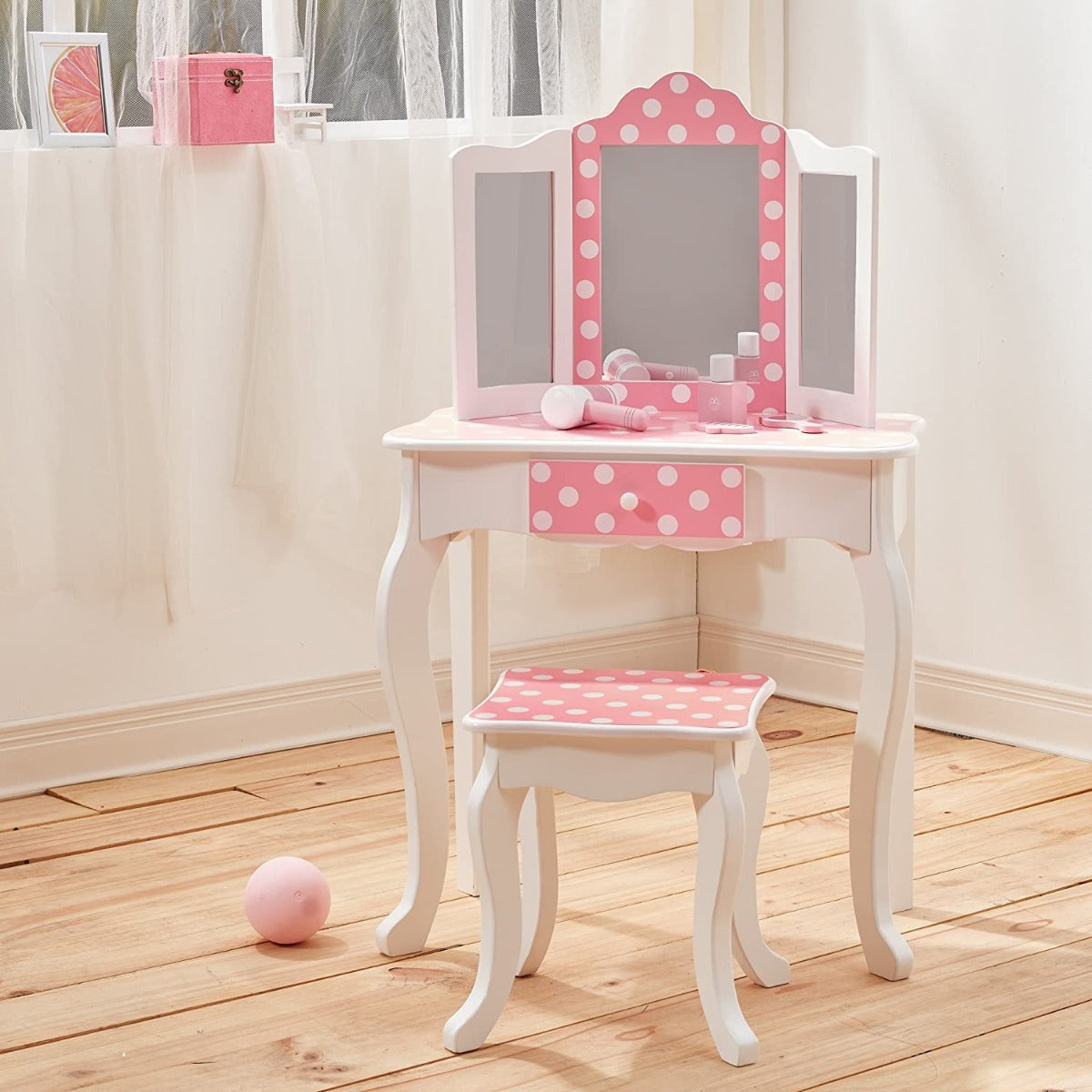 Toeletta In Legno A Pois Con Specchio E Sgabello Per Bambini Rosa