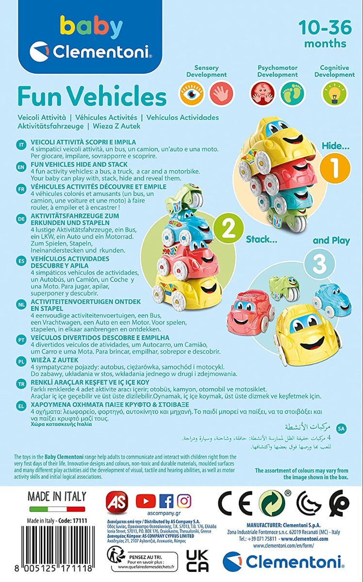 Clementoni Baby Veicoli attività Scopri e Impila Gioco per Bambini Multicolore