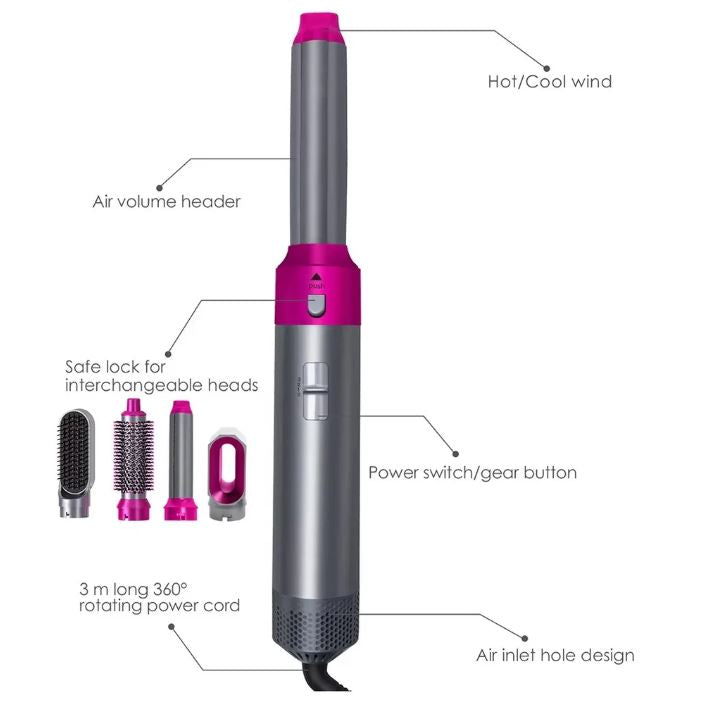 Asciugacapelli 5 in 1 con Spazzole Elettriche Intercambiabili per Styling Professionale