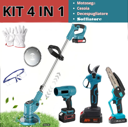 Kit Giardinaggio 4 in 1 – Motosega Elettrica 6" + Cesoia + Tagliarba + Soffiatore + 2 Batterie 88V al Litio Ricaricabili + Occhiali e Guanti